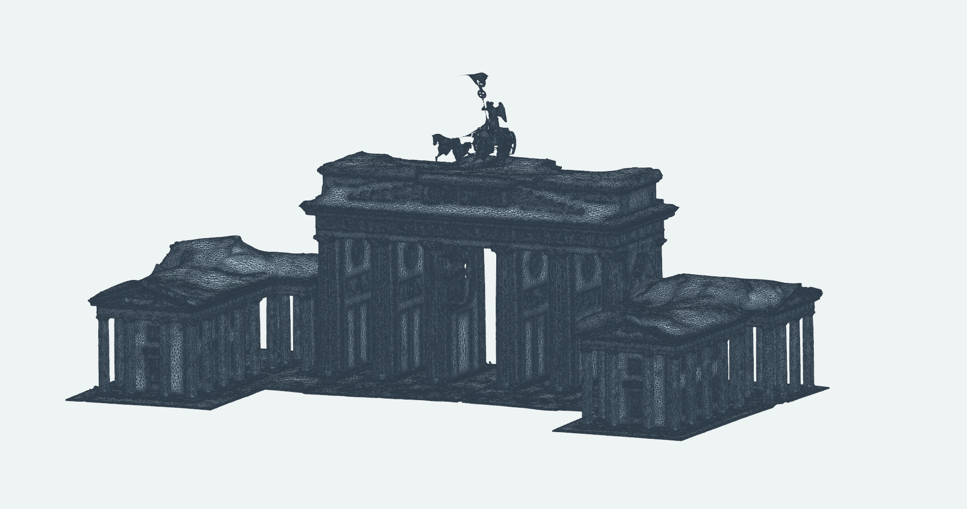 Complete GeometryAI Brandenburg Gate surface mesh in an isometric view