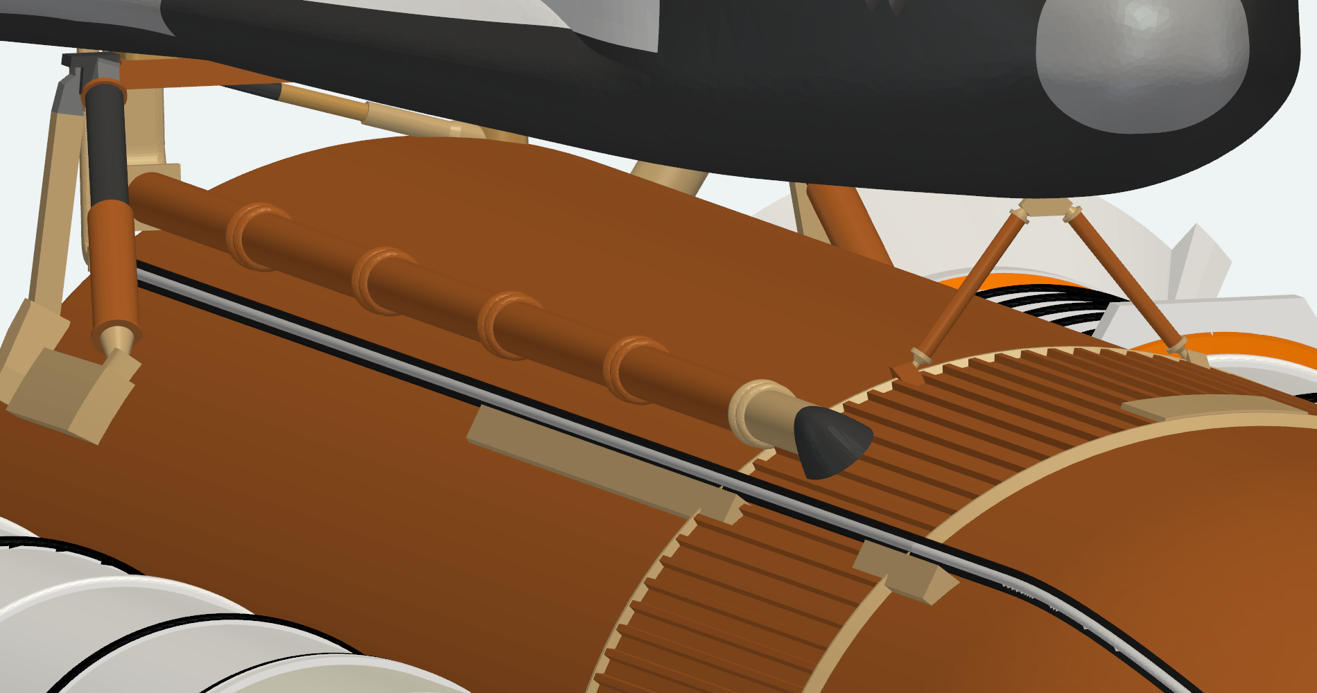Forward bipod between the orbiter and the external tank, with the feedline and intertank