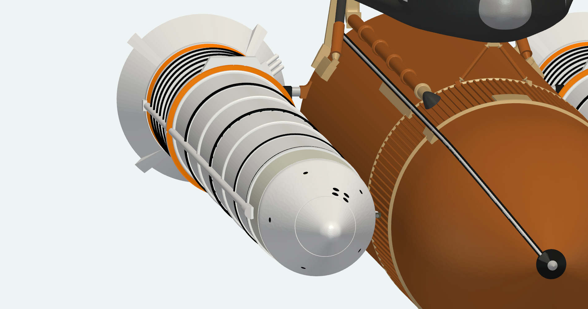 Solid rocket booster seen from ahead, beside the external tank, with its stiffening rings, cable tunnel and forward attachment strut