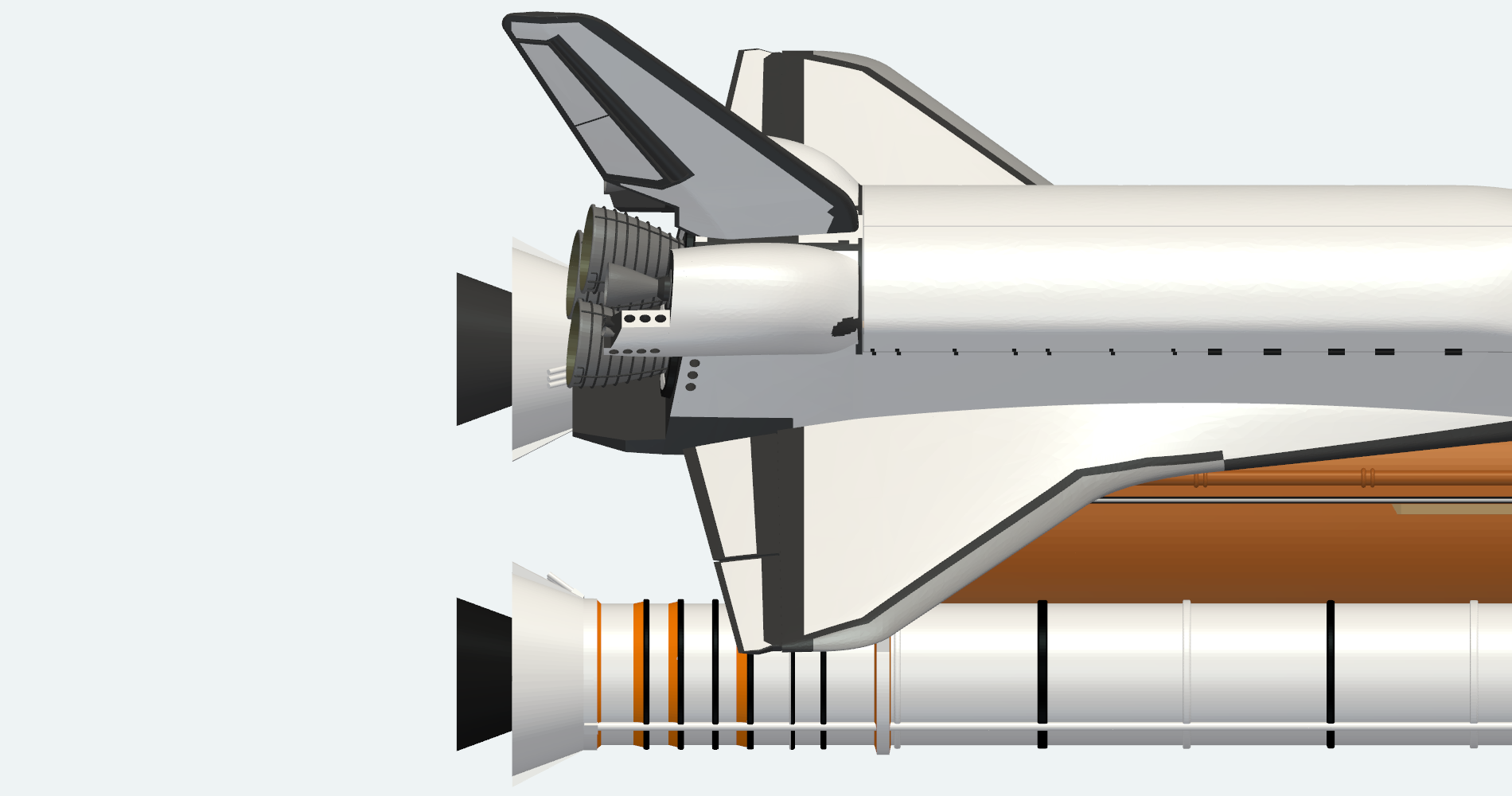 Top view of the orbiter's vertical tail, elevons and booster nozzles