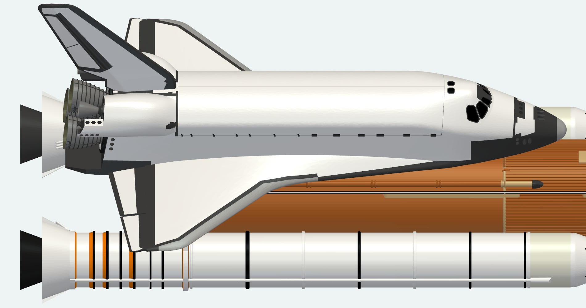 Space Shuttle orbiter geometry seen from above, over the external tank and a booster