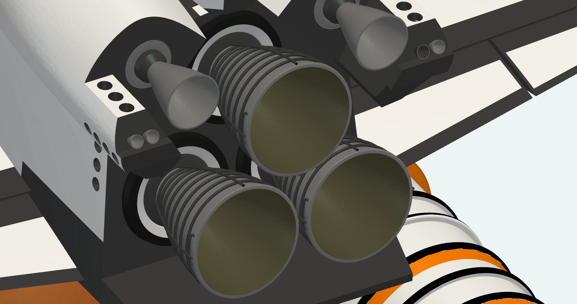 Oblique view of the Space Shuttle main engines and OMS engines