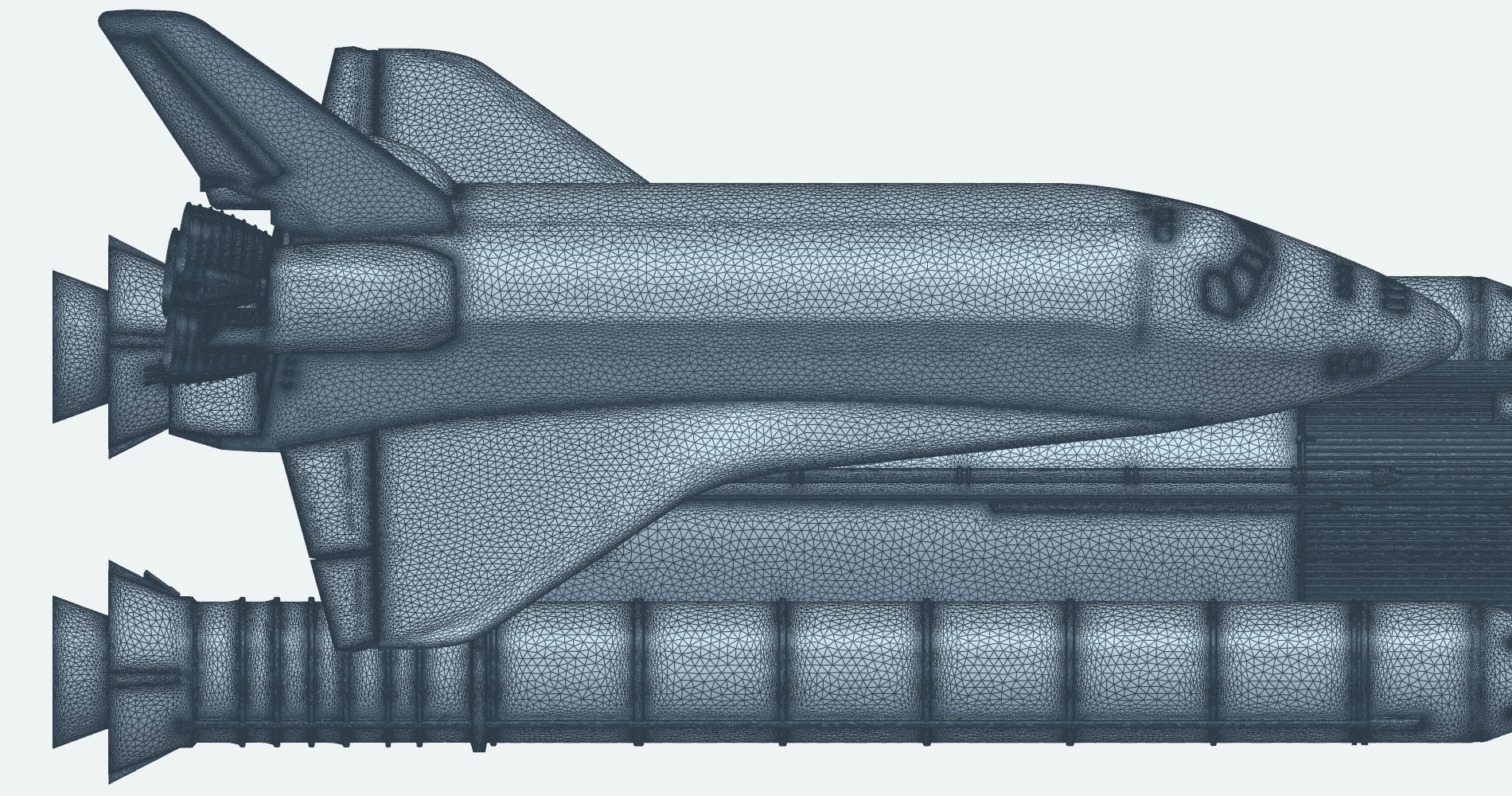 Surface mesh of the Space Shuttle orbiter seen from above, over the external tank and a booster
